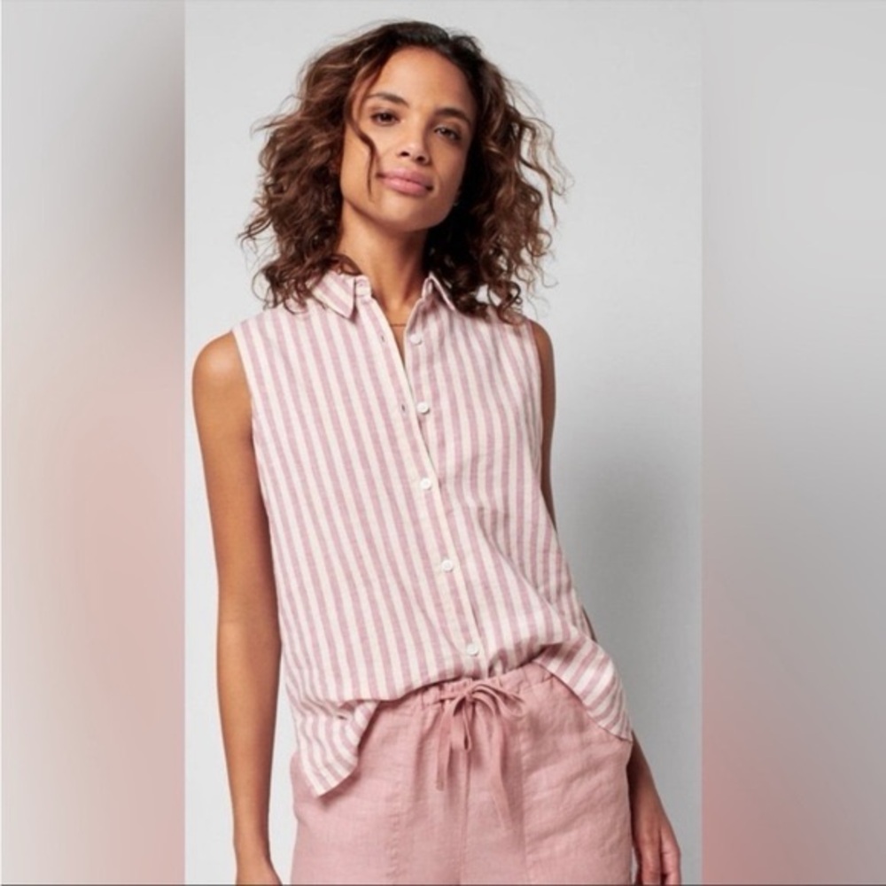 Faherty Malibu Linen Blend Stripe Sleeveless Button Down Pink Stripe Medium